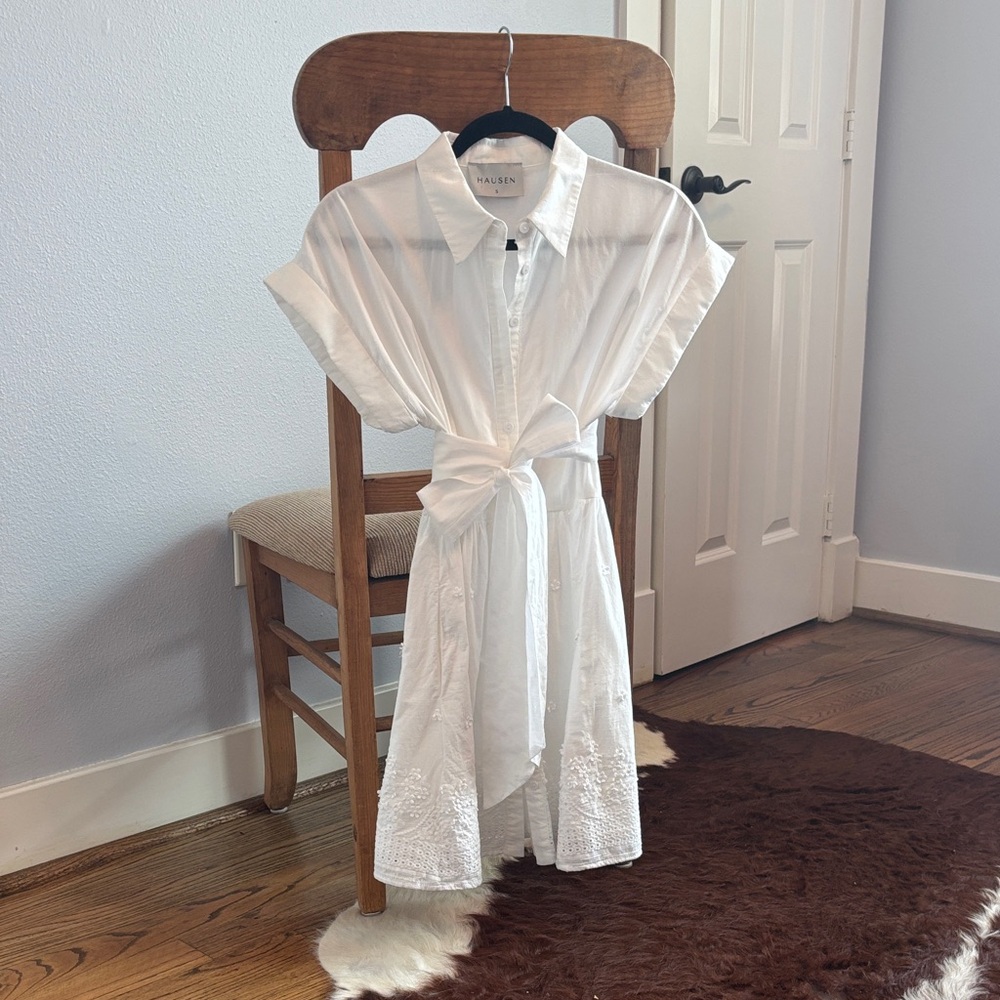 White Button-Up Tie-Waist Shirt Dress